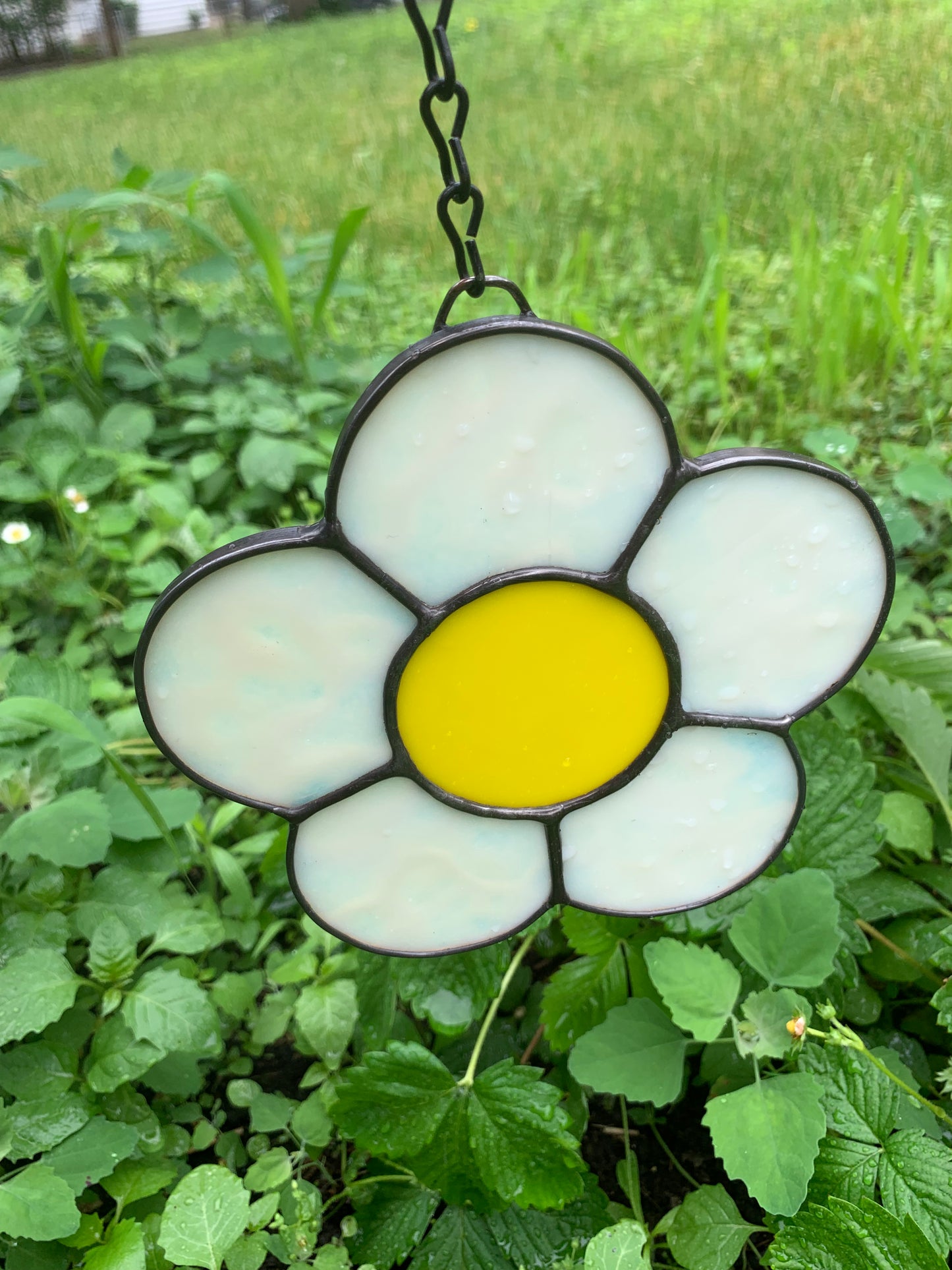 Strawberry Flower Stained Glass Suncatcher ~ 6” x 5”