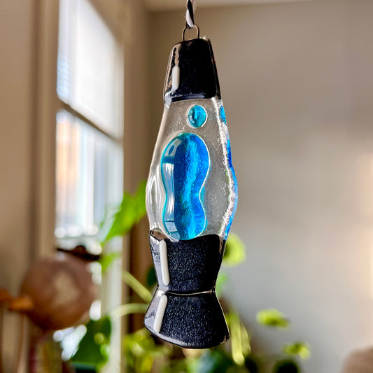 Glass Lamp Ornament ~ transparent blue, dichroic black + clear