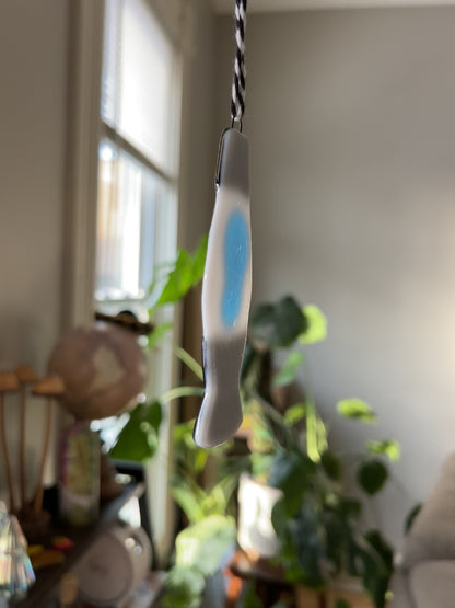 Glass Lamp Ornament ~ transparent blue, dichroic black + white