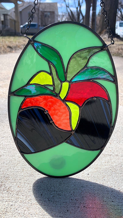 Chocolate Strawberry & Mint Stained Glass Panel ~ 6" x 9"